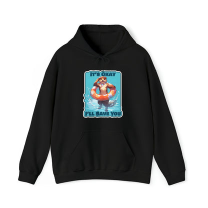 It's Okay I'll Save You Awesome Hoodie Mockup on White background, Happy Otter with orange life buoy, lifeguard, black, blue, red, navy, Fun art, folded and unfolded, free shipping on orders over $50.