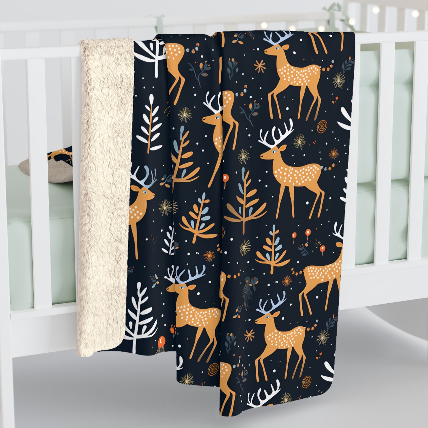 Christmas Tree and Rudolf Black Background Pattern Sherpa Fleece Blanket