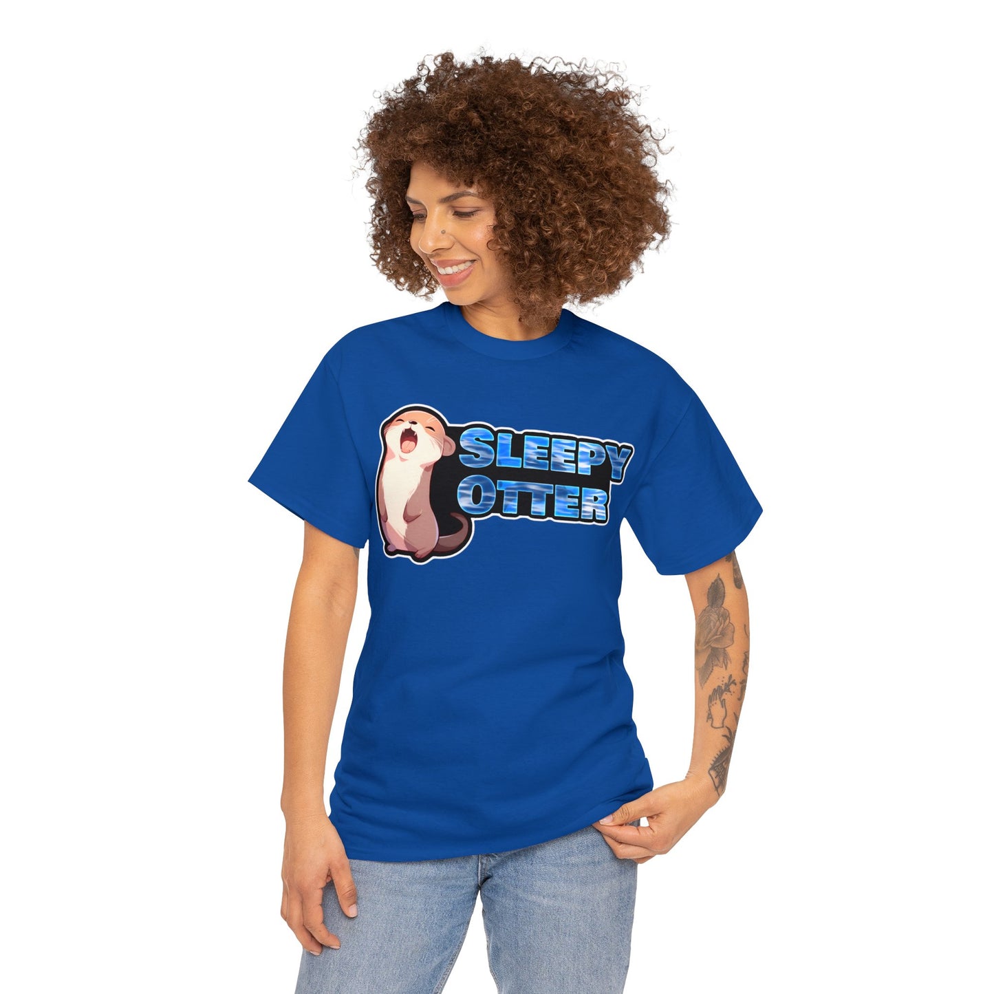 Sleepy Otter with Water Text Unisex Cotton Tee