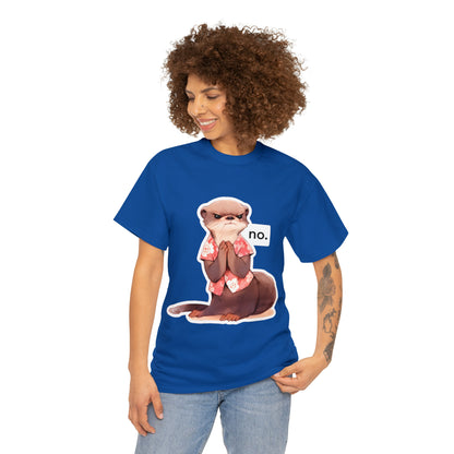 Angry Otter Says No Unisex Cotton Tee by Zeesdesign, Model Mockups with white background, Free shipping on orders over $50. Red, Blue, Black, Navy.