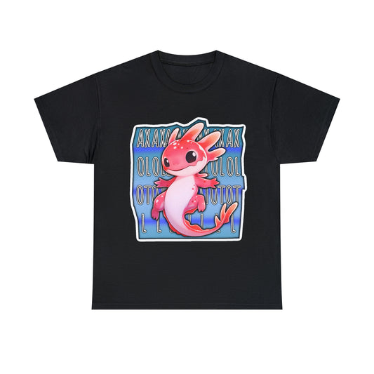 Pink Axolotl on Blue Background Cute Animal Tee Shirt, Black, Royal Blue, Red, and Navy T-Shirts, Model Mockups on a White background, Awesome Designs by Zeesdesign, Free Shipping on orders over $50