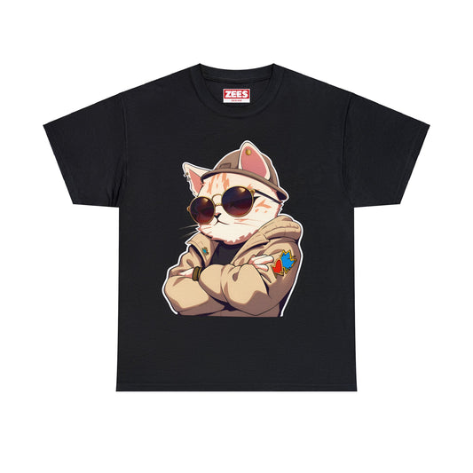 Streetwear Cat with Hoodie and Sunglasses Unisex Cotton Tee