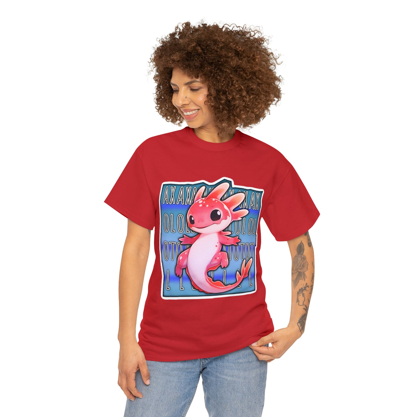 Pink Axolotl on Blue Background Cute Animal Tee Shirt, Black, Royal Blue, Red, and Navy T-Shirts, Model Mockups on a White background, Awesome Designs by Zeesdesign, Free Shipping on orders over $50