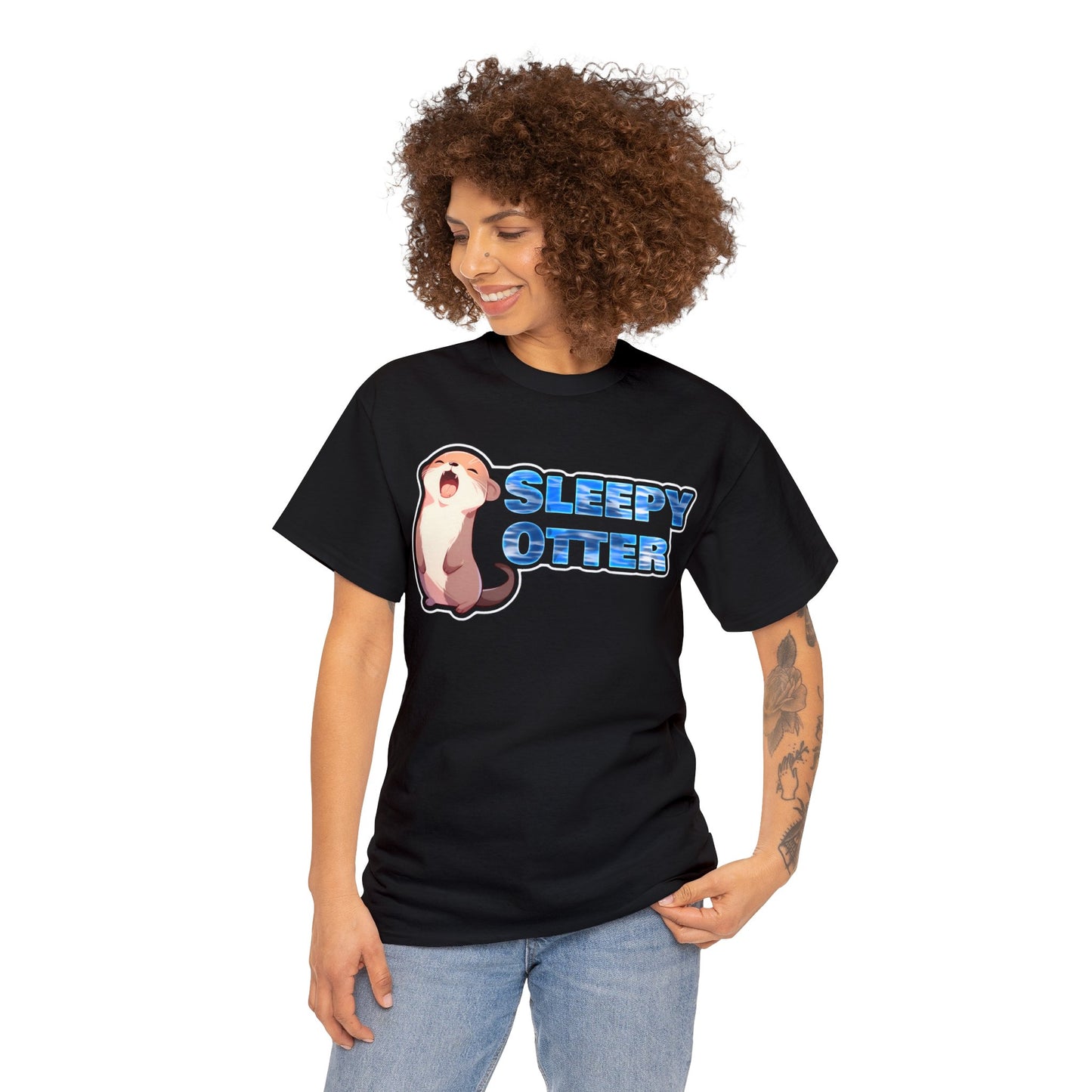 Sleepy Otter with Water Text Unisex Cotton Tee