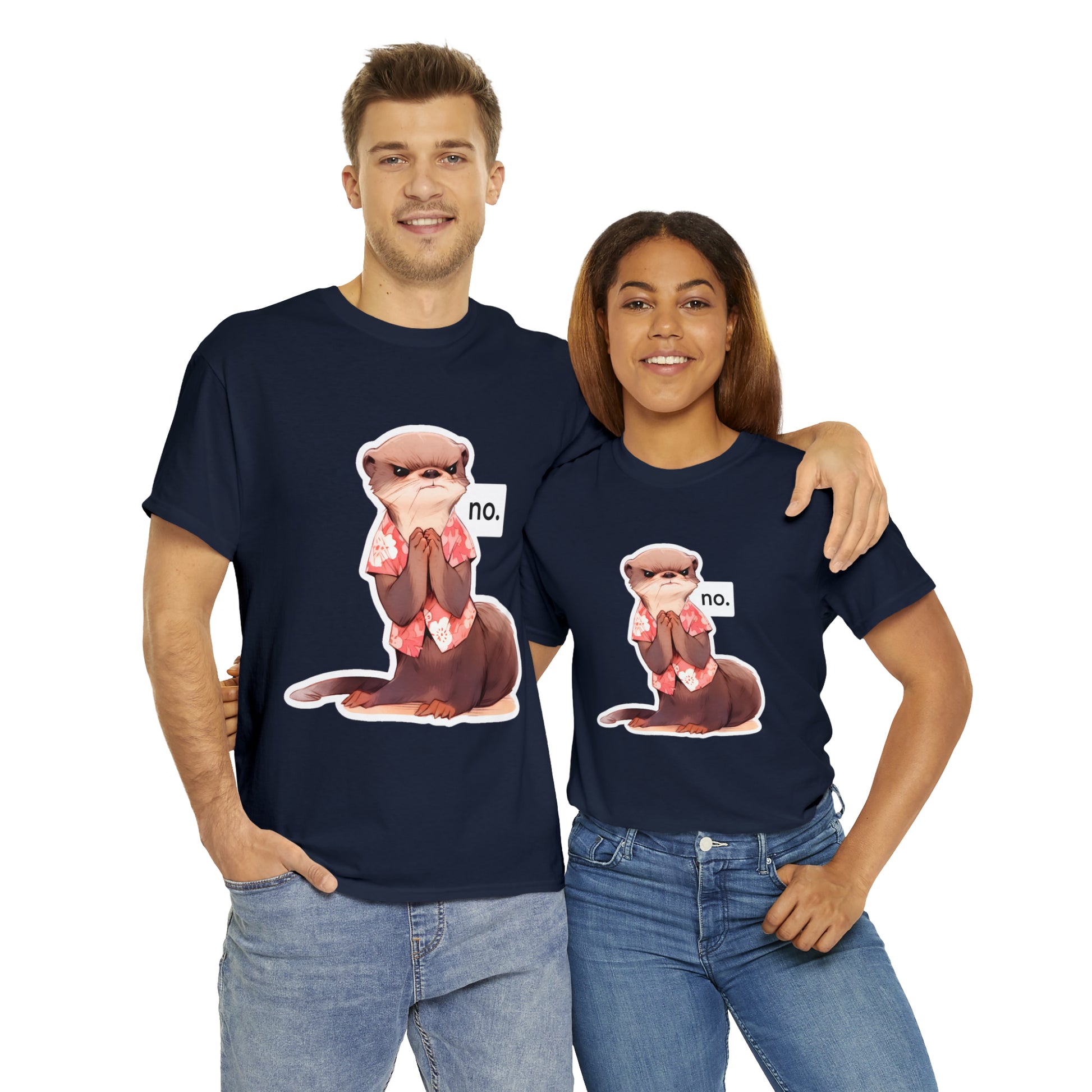 Angry Otter Says No Unisex Cotton Tee by Zeesdesign, Model Mockups with white background, Free shipping on orders over $50. Red, Blue, Black, Navy.