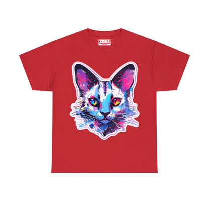 Product Mockup for Pink and Blue Siamese Cat Teeshirt by Zeesdesign. Mockups include Black, Royal Blue, Navy Blue, Red, and White Shirts with an epic cat face design, a white background, and either a flat or model mockup. Free shipping on orders over $80.