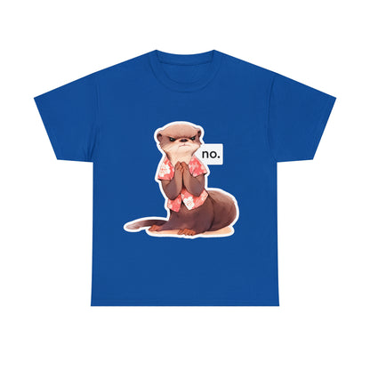 Angry Otter Says No Unisex Cotton Tee by Zeesdesign, Model Mockups with white background, Free shipping on orders over $50. Red, Blue, Black, Navy.