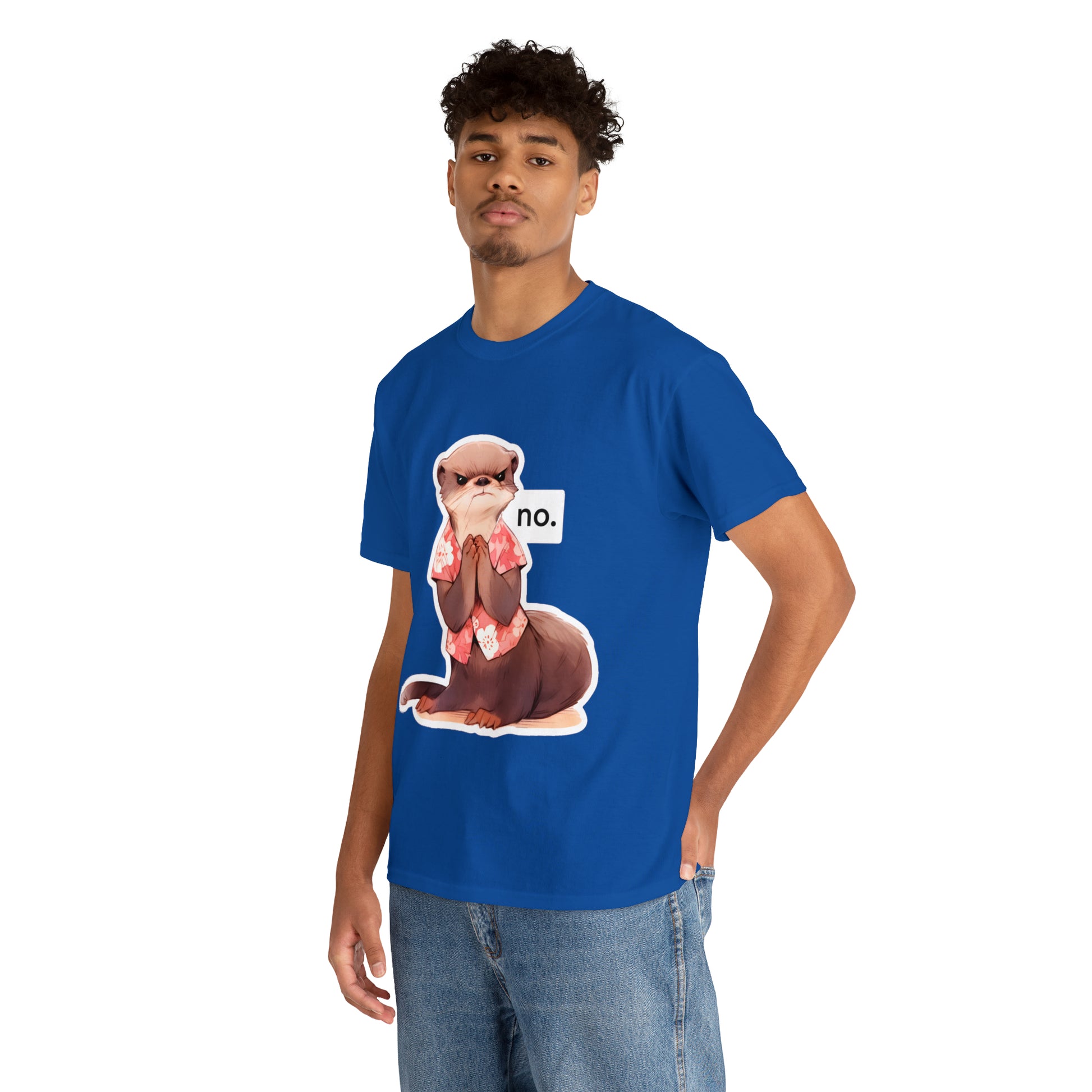 Angry Otter Says No Unisex Cotton Tee by Zeesdesign, Model Mockups with white background, Free shipping on orders over $50. Red, Blue, Black, Navy.