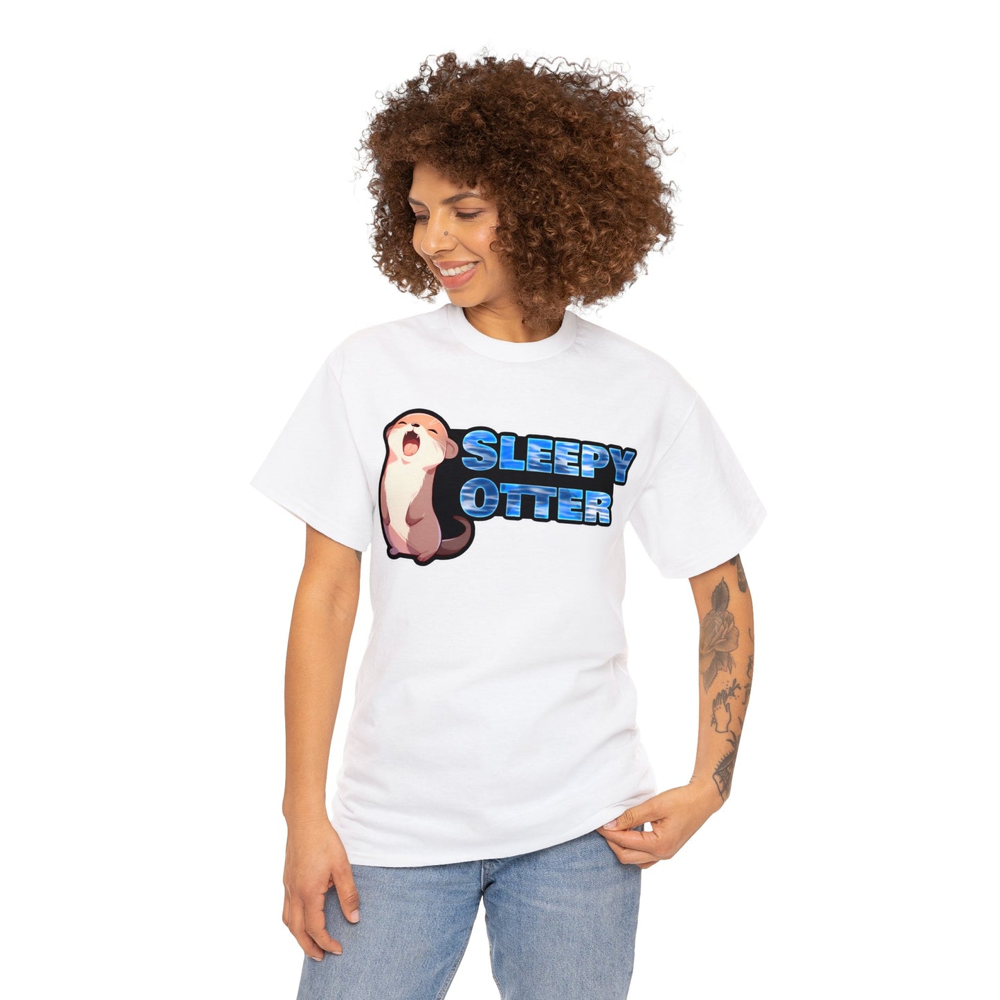 Sleepy Otter with Water Text Unisex Cotton Tee