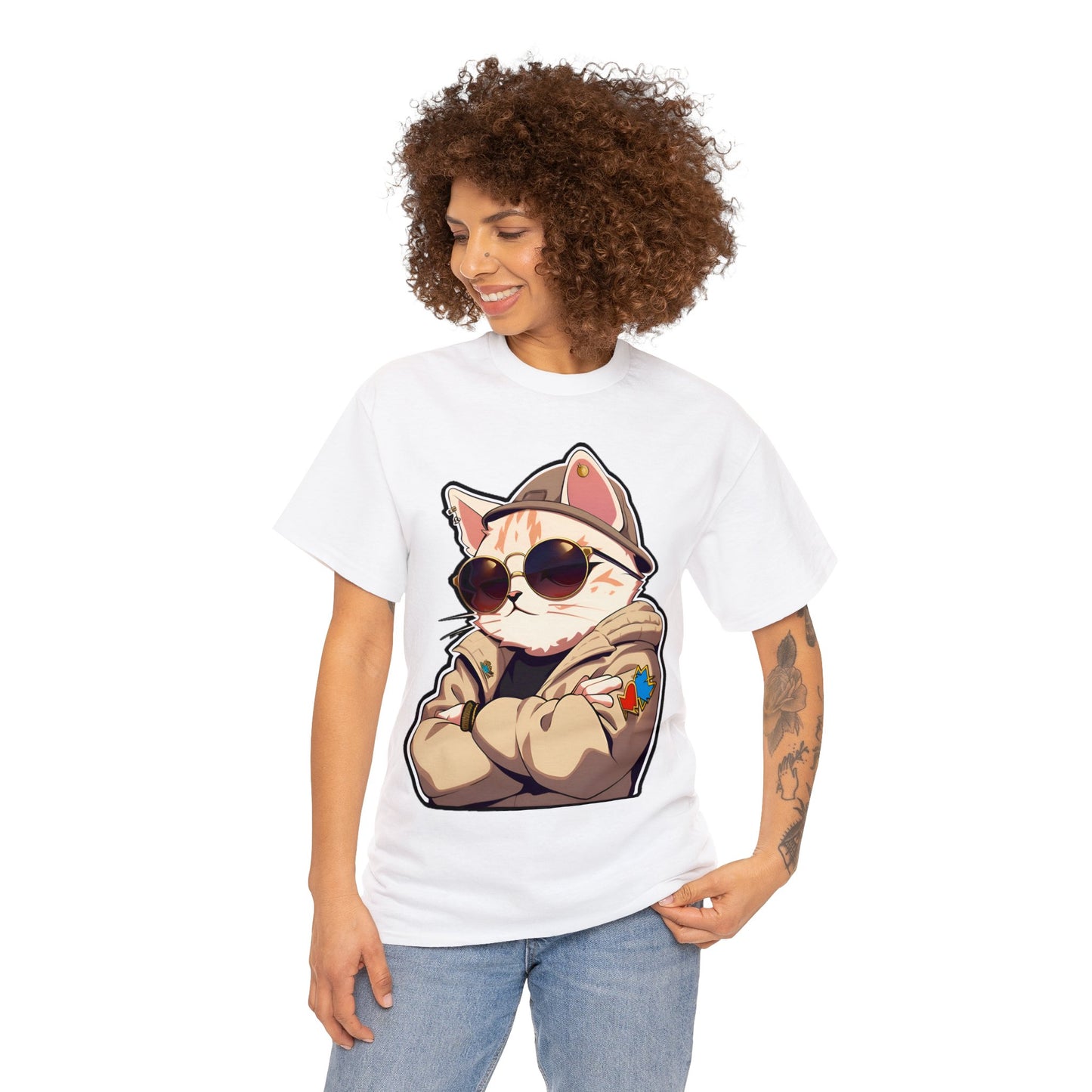 Streetwear Cat with Hoodie and Sunglasses Unisex Cotton Tee