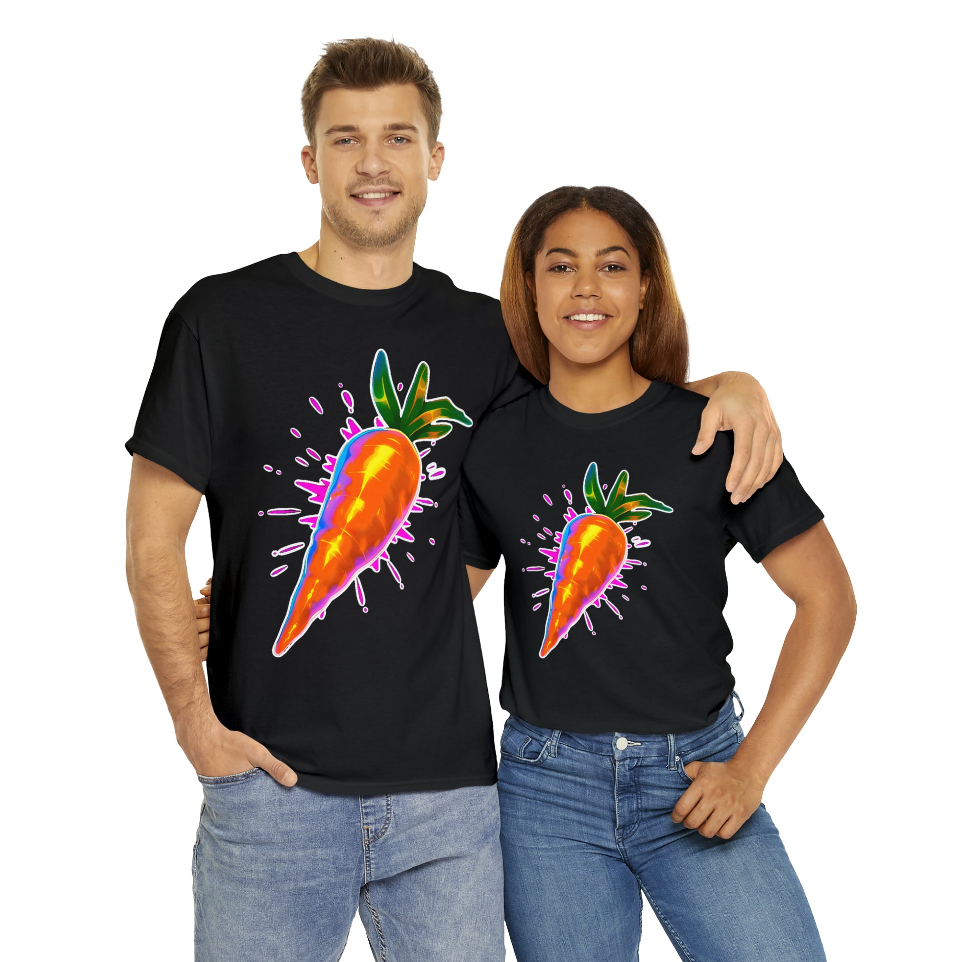 Magic Carrot Illustration Tee Shirt, Black, Royal Blue, Red, and Navy T-Shirts, Model Mockups on a White background, Awesome Designs by Zeesdesign, Free Shipping on orders over $50