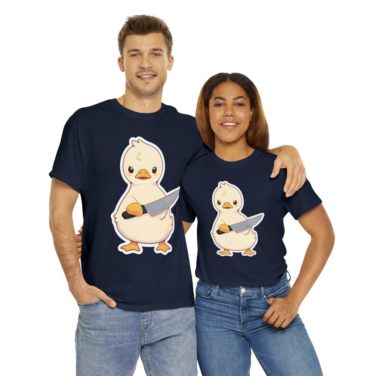 Duck With Knife I May Be Cute But I Never Promised to Play Nice Unisex Cotton Tee by ZeesDesign Model Mockups on White background in color of black, royal blue, Navy, and Red, free shipping on orders over $50