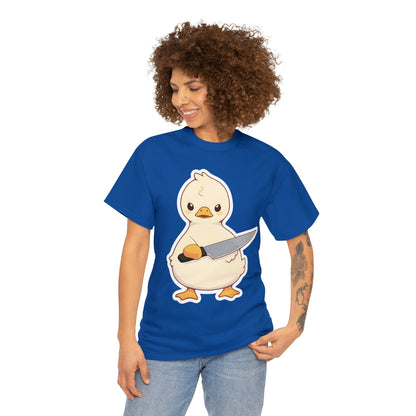 Duck With Knife I May Be Cute But I Never Promised to Play Nice Unisex Cotton Tee by ZeesDesign Model Mockups on White background in color of black, royal blue, Navy, and Red, free shipping on orders over $50