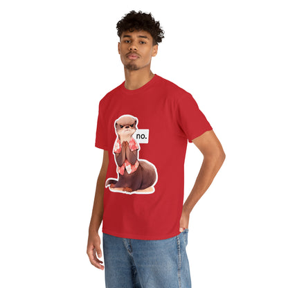Angry Otter Says No Unisex Cotton Tee by Zeesdesign, Model Mockups with white background, Free shipping on orders over $50. Red, Blue, Black, Navy.