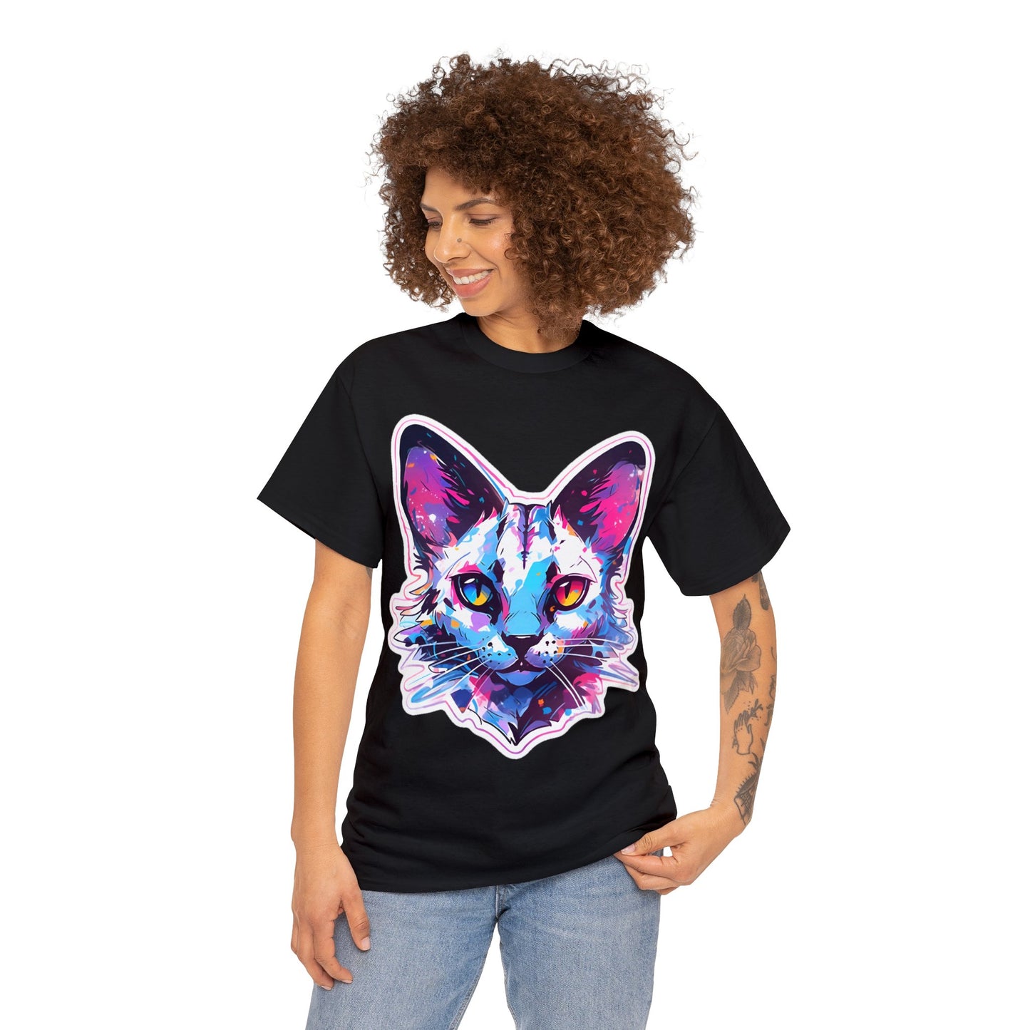 Product Mockup for Pink and Blue Siamese Cat Teeshirt by Zeesdesign. Mockups include Black, Royal Blue, Navy Blue, Red, and White Shirts with an epic cat face design, a white background, and either a flat or model mockup. Free shipping on orders over $80.