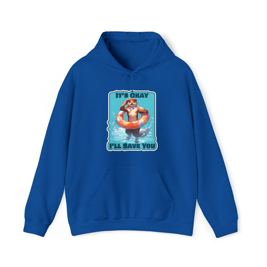 It's Okay I'll Save You Awesome Hoodie Mockup on White background, Happy Otter with orange life buoy, lifeguard, black, blue, red, navy, Fun art, folded and unfolded, free shipping on orders over $50.